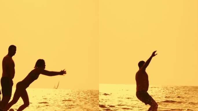 慢镜头，一对无忧无虑的夫妇在日落时分从船上跳入海水