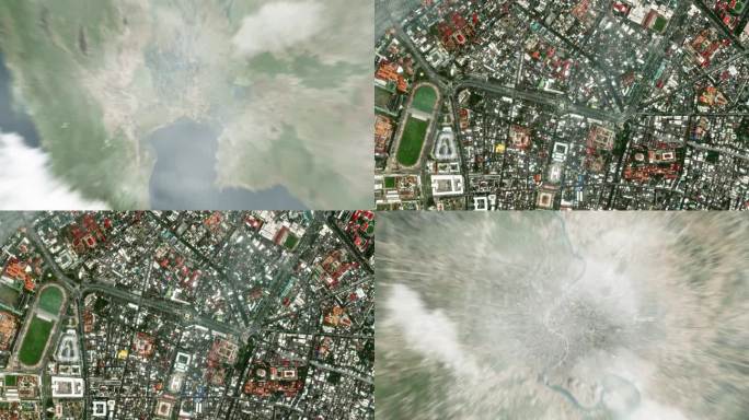 地球从太空放大到泰国曼谷的民主纪念碑。接着是通过云层和大气层进入太空。卫星的视图。旅游介绍