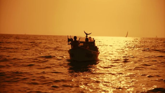 日落时一对夫妇乘船旅行的剪影