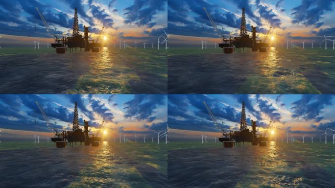 石油钻井平台和风力涡轮机，还有美丽的日落