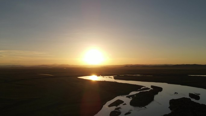 川西草原日落夕阳湿地河流