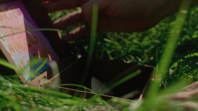 一个成年男子的手在草地上打开一个小木箱的特写镜头