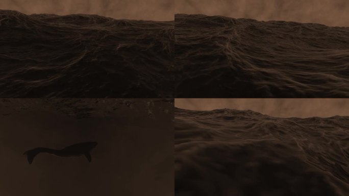 一个明亮的上升沸腾的海洋。设计。在动画中，一只巨大的黑鲸在巨浪下游泳。高品质4k画面