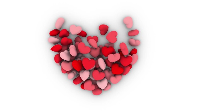 心形元素的抽象动画，在白色背景上用粉红色和红色扩散并形成一个大心脏，情人节的爱情动画，3D渲染，4k