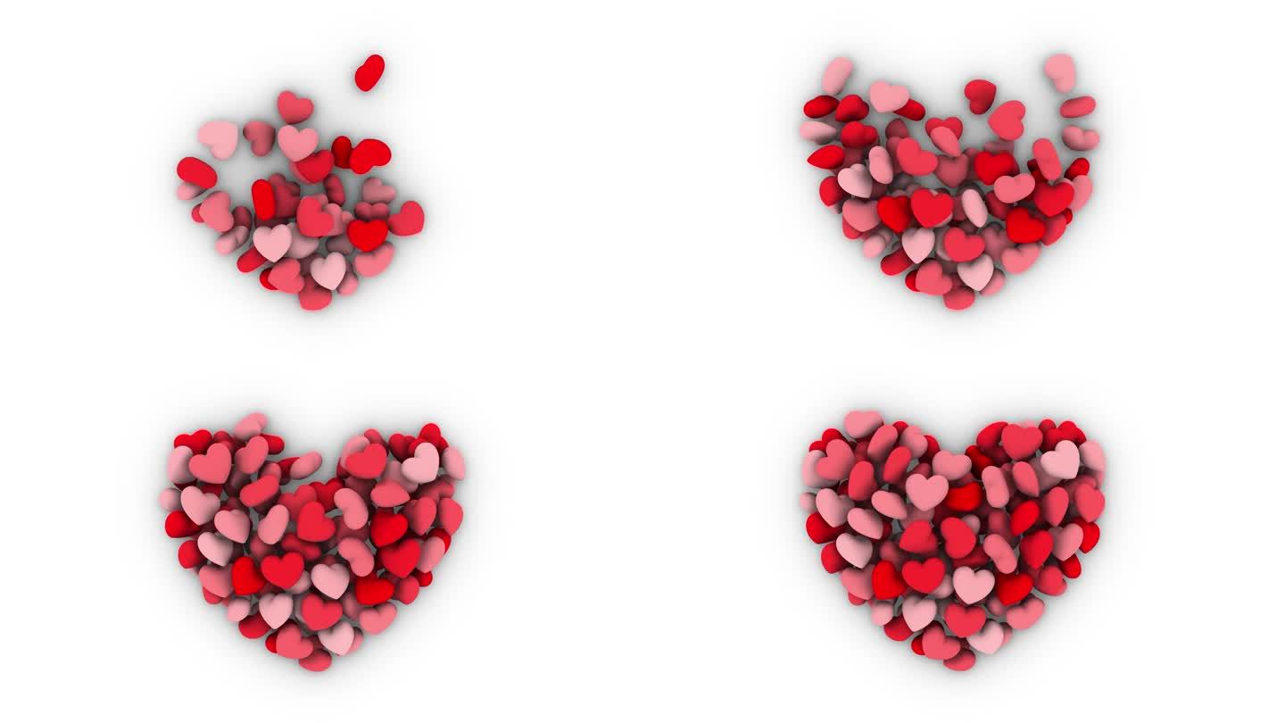 心形元素的抽象动画，在白色背景上用粉红色和红色扩散并形成一个大心脏，情人节的爱情动画，3D渲染，4k