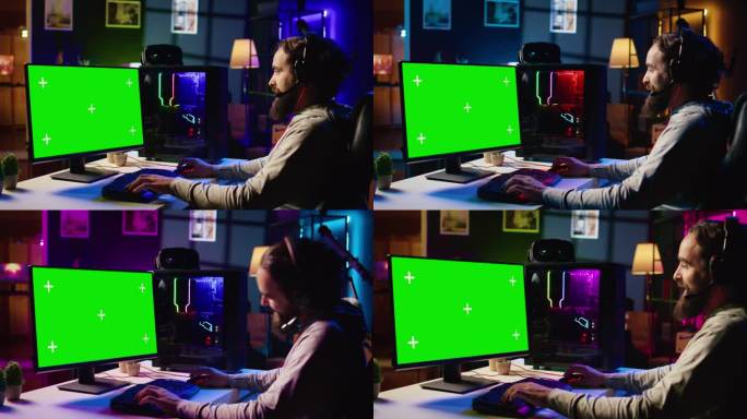 绿屏笔记本电脑旁边的人正在玩科幻电子游戏，用游戏键盘驾驶宇宙飞船