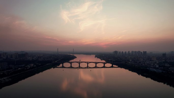 湖南湘潭湘江湘潭大桥日落晚霞夕阳航拍