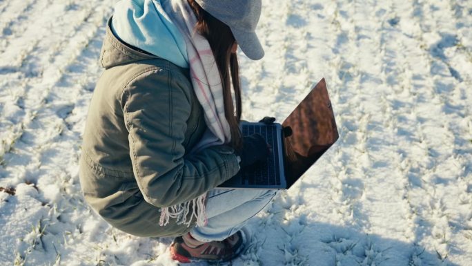 蹲伏在雪地上，穿着保暖衣服的女农学家用手提电脑的高视角