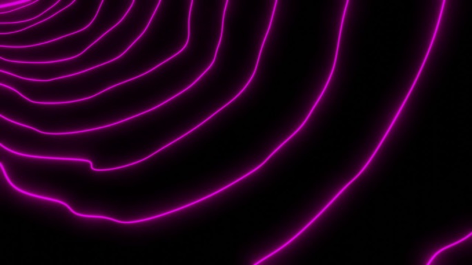 霓虹灯带着涟漪。设计。有振动或波纹的细线。霓虹灯线排成一行，黑色背景上有振动。