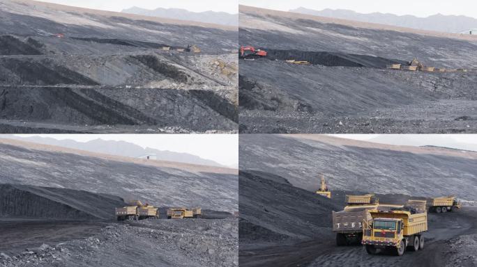 新疆煤矿航拍从岩层飞跃至等待装载的车队