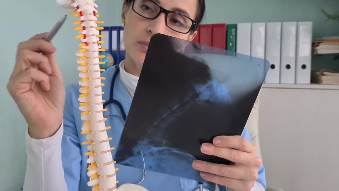 放射科医生检查脊柱和颈部的x光图像