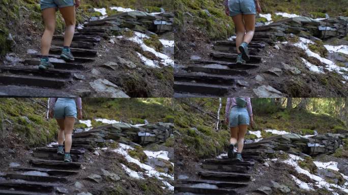 一个女人走上石阶。