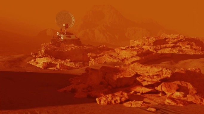 火星探测器在红色星球表面的岩石上