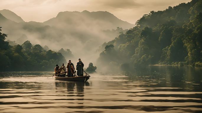 山水河流古人泛舟水墨画背景