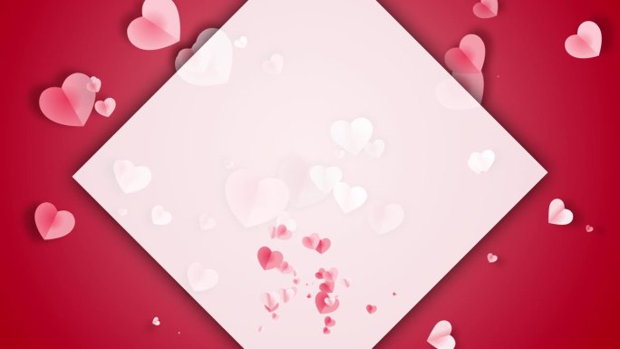 动画红色的爱心与空白的copyspace文字在红色的背景。浪漫的贺卡模板。