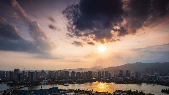 厦门海沧城市风光夕阳海沧湖体育中心延时