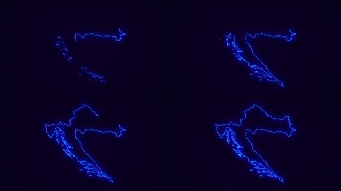 克罗地亚地图概述国家边界深蓝色。霓虹灯彩色动画过渡。克罗地亚国旗。霓虹风格的动画。4 k决议。