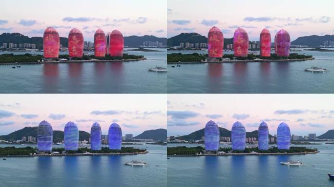海南三亚凤凰岛龙年灯光秀表演航拍城市风景