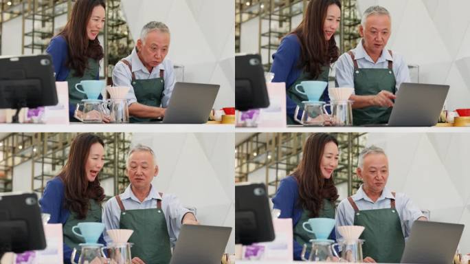 咖啡店老板兼助理，为店铺的成功分析销售情况。穿着围裙的咖啡店老板和她的助手在舒适的咖啡馆里用电脑分析