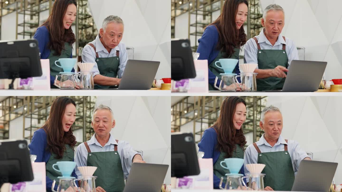 咖啡店老板兼助理，为店铺的成功分析销售情况。穿着围裙的咖啡店老板和她的助手在舒适的咖啡馆里用电脑分析