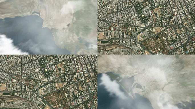 在艺术委员会环岛上，地球从太空放大到巴基斯坦卡拉奇。接着是通过云层和大气层进入太空。卫星的视图。旅游