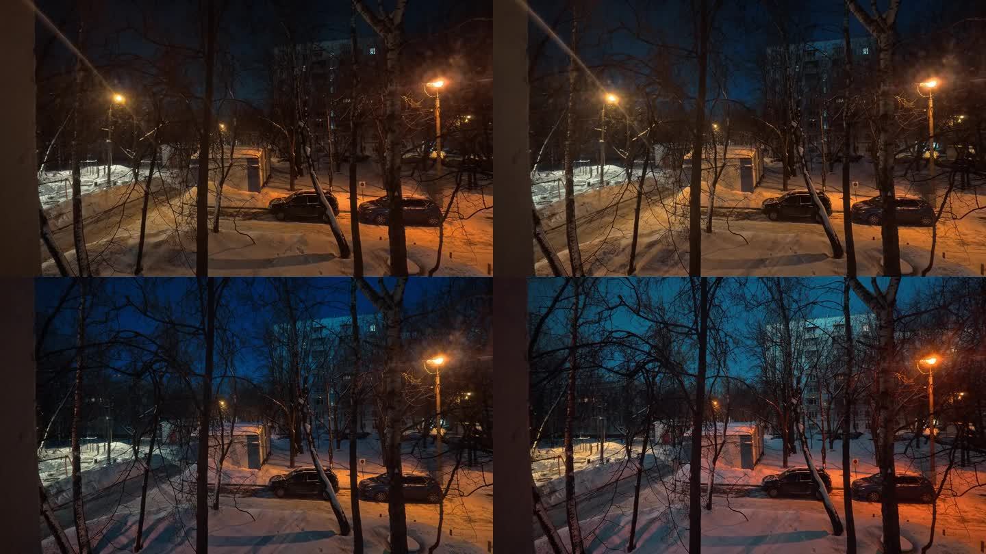 莫斯科居民区的冬日黎明。间隔拍摄。莫斯科。Kuzminki 13.01.2024。