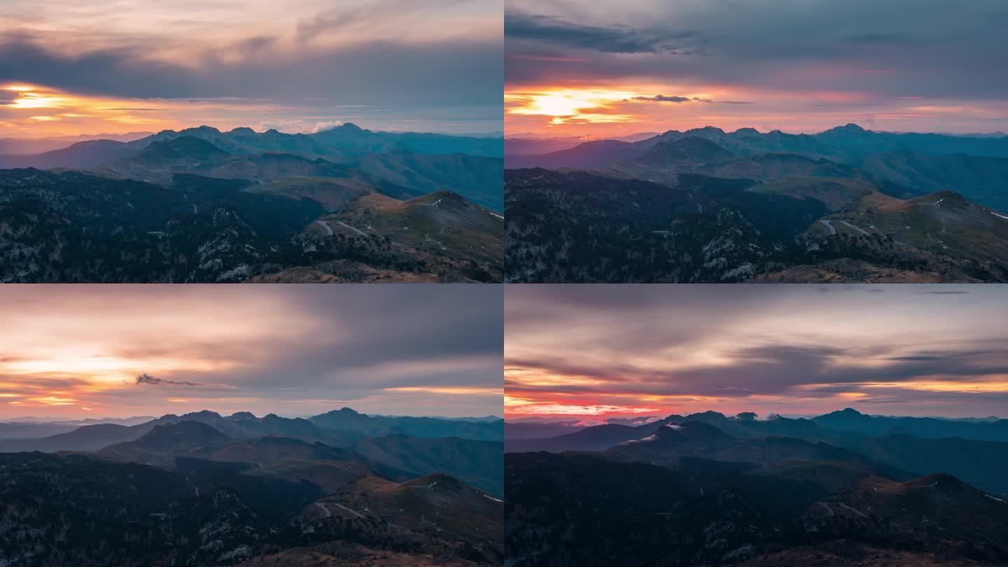在比利牛斯山脉的山谷和山峰，如西班牙和法国边境的奥尔希，彩色日落延时视图