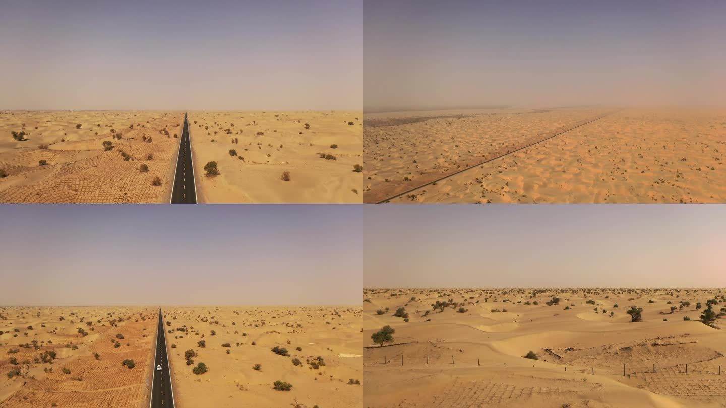 新疆塔克拉玛干沙漠无人区航拍沙漠高速