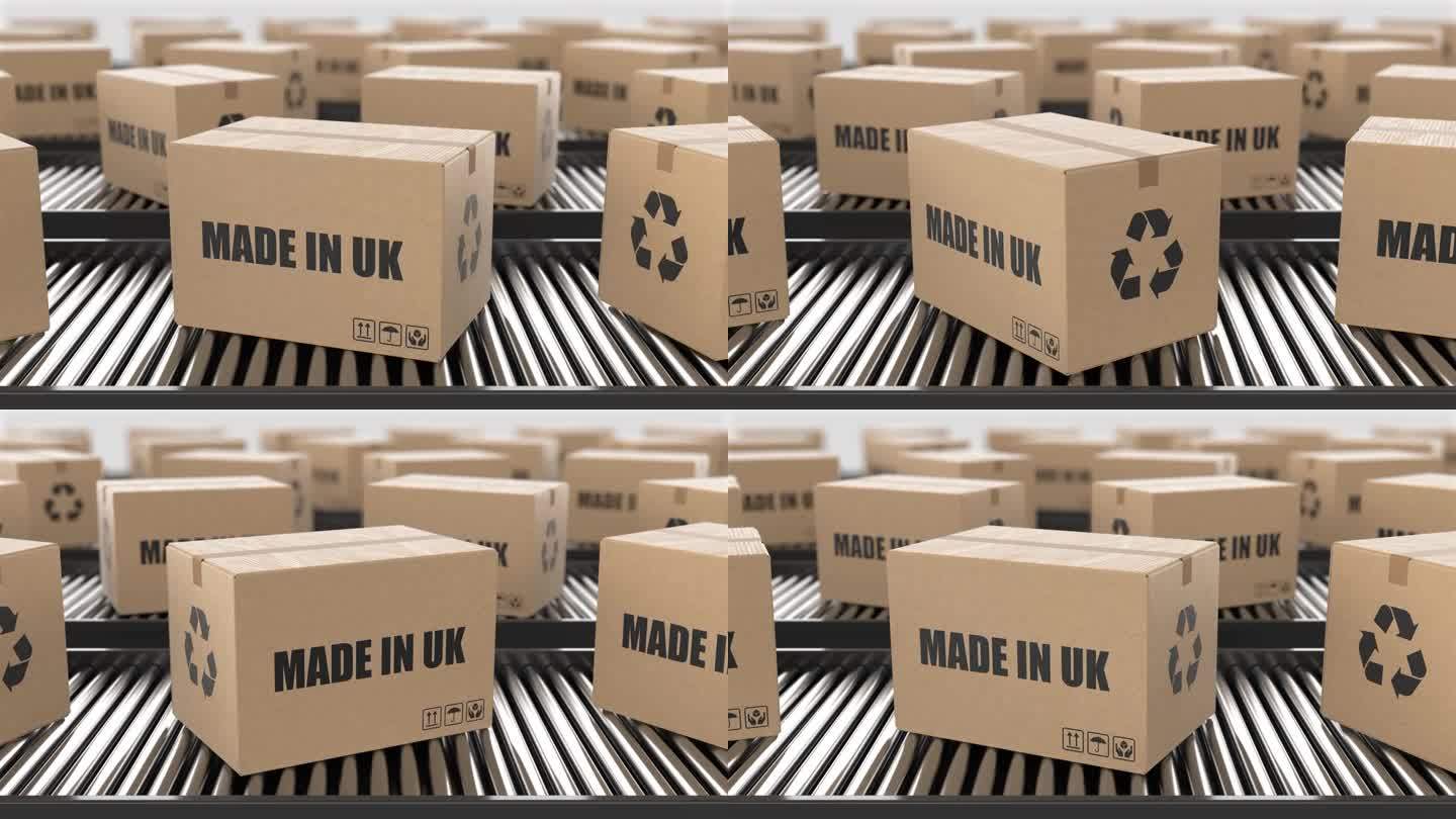 纸箱与英国制造的文字在滚筒输送机上。工厂生产线仓库。制造出口或交付概念。3D渲染动画。无缝循环