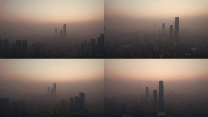 长沙城市清晨迷雾航拍