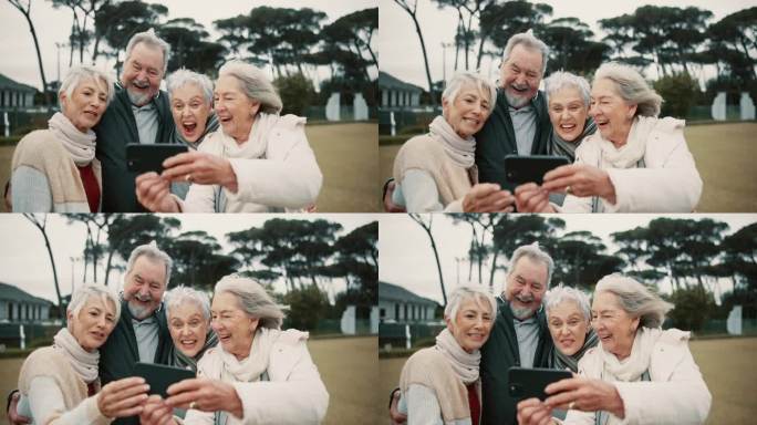 老年人，快乐的朋友或朋友一起在公园自拍，在户外微笑或快乐的回忆。一群老人或老年妇女在大自然中拍照或拍