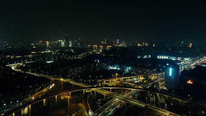 航拍济南顺河路高架桥夜景交通