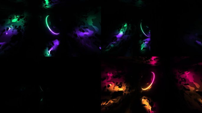 无缝循环动画霓虹灯效果在黑色背景上，运动的球体具有美丽的反射效果。视效。抽象循环背景。技术，VJ概念
