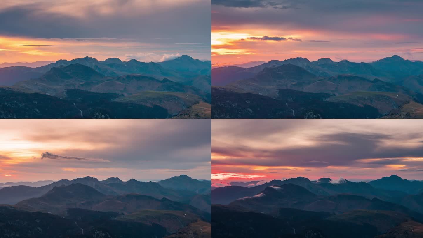 在比利牛斯山脉，山谷和山峰，如西班牙，法国边境的奥尔希，彩色日落延时拍摄