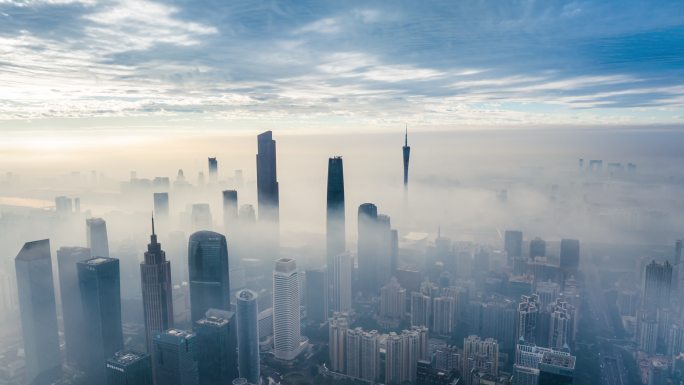 广东省广州塔日出云海航拍城市全景