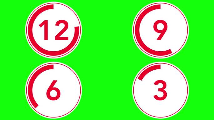 15秒简单的红色倒计时计时器，圆形切割，色度键背景