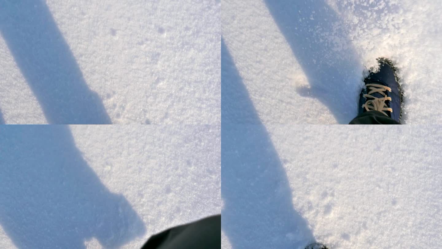我走在刚下过的雪地上。人们穿着蓝色的冬靴，在新雪地上行走，留下脚印。缓慢的运动。