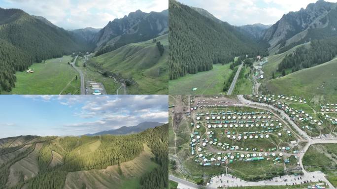 航拍新疆绿树山脉村庄