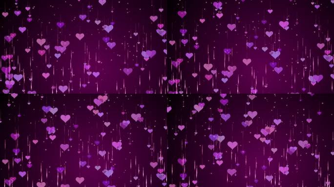 掉落的粉色心。动画的紫色浪漫背景。闪亮的飞沫。