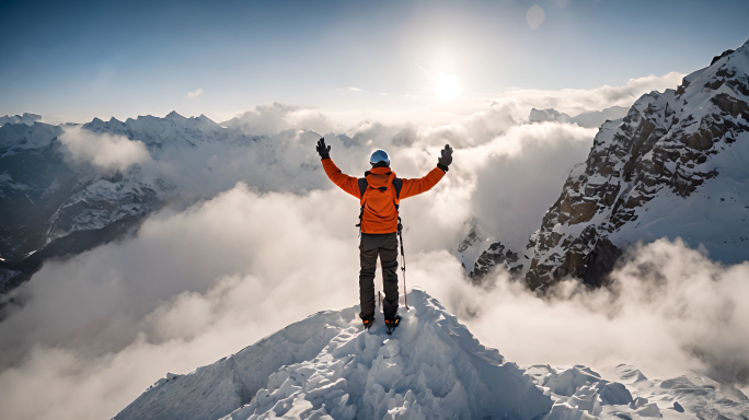 登山运动员登顶雪山之巅航拍