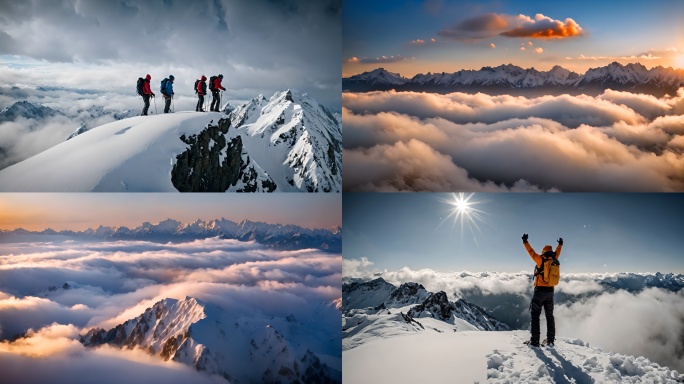 登山运动员登顶雪山之巅航拍