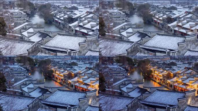 冬天南浔古镇百间楼雪景日转夜延时