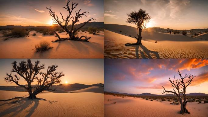 沙漠 枯树 夕阳