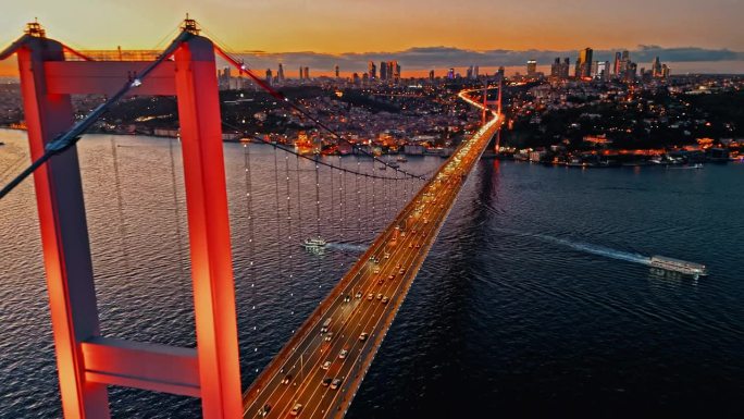 空中的博斯普鲁斯大桥和金融区:空中的奥德赛7月15日烈士桥和伊斯坦布尔的欧洲一侧在黄金时间。