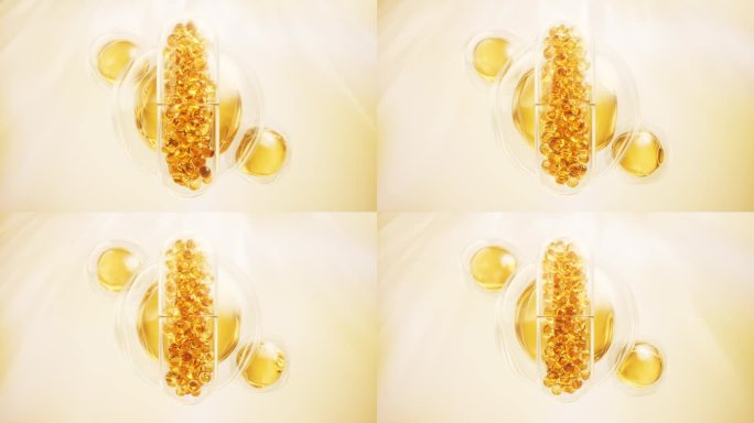 金色胶囊，生物概念，3d渲染。