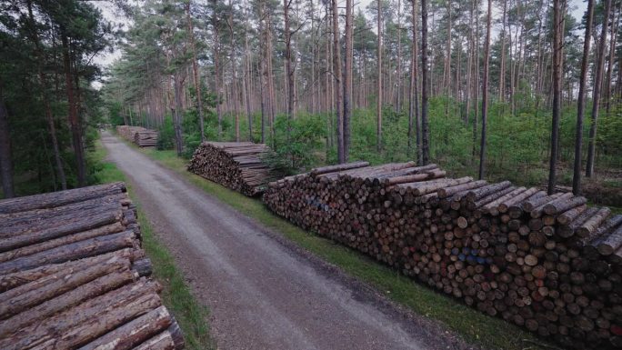 伐木在森林里，砍柴在堆垛里。木材天然花纹。伐木，采伐木材作为燃料和柴火。森林砍伐。