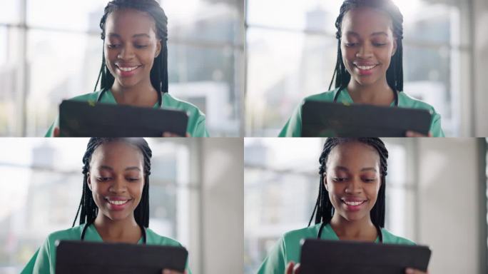 非洲护士，快乐和平板电脑阅读电子邮件在医院，大厅和网络连接。黑人女性，医疗或微笑通过触摸屏在网站上研