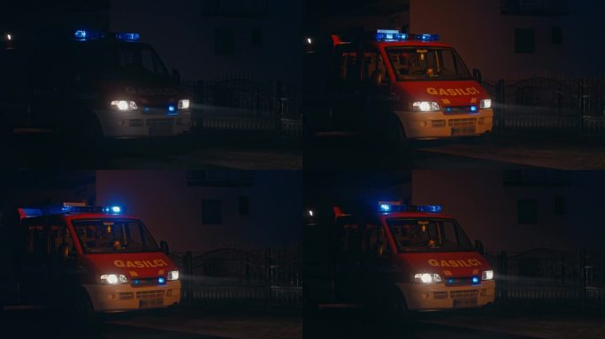 消防车在夜间闪着蓝色的灯和鸣笛
