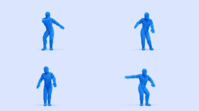蓝色3D毛角色在空舞台上跳舞。完美的循环。