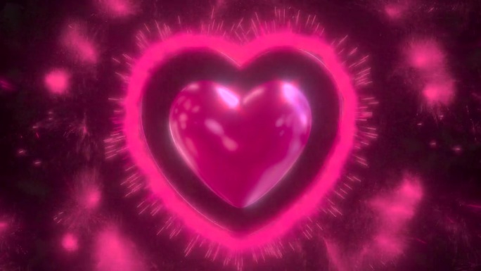 粉红色的心脏跳动与粒子爆炸，火花，烟花爆炸和烟雾。